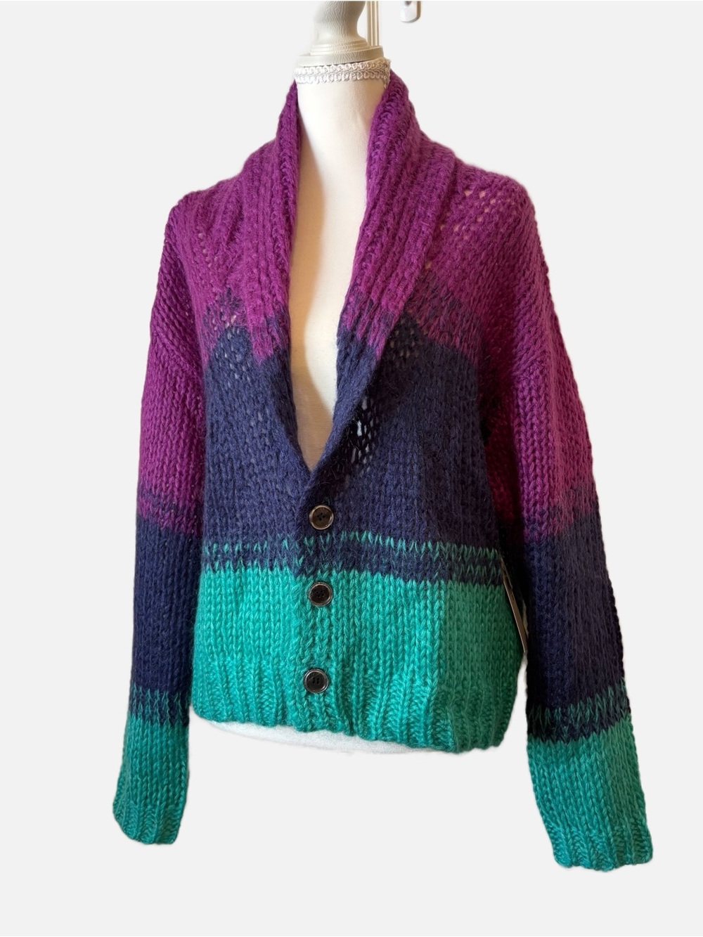 Spiritual Gangster Royce Cardigan NWT Small Purple Teal Navy Colorblock Sweater - Picture 10 of 11